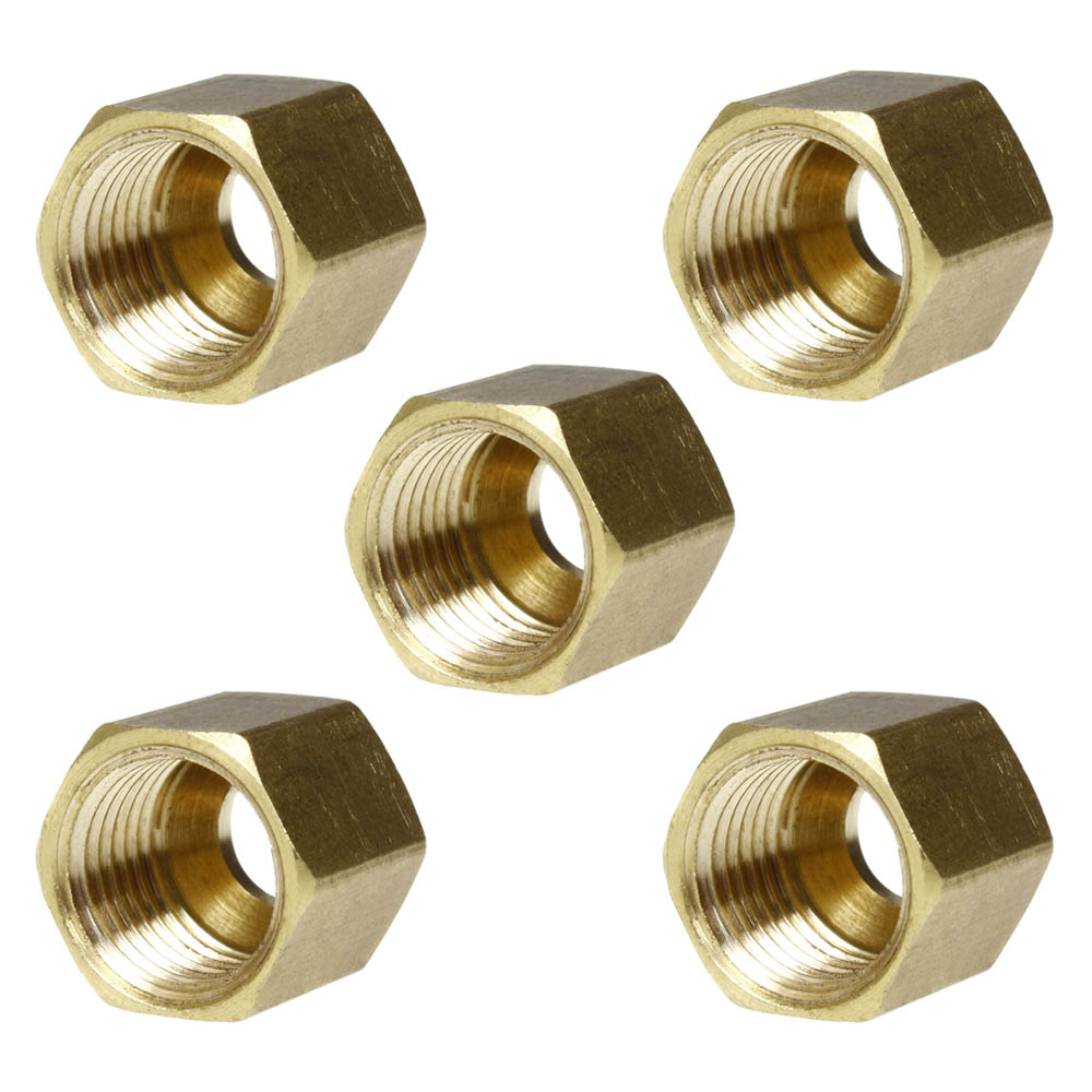5 Pack 1/4" Compression Nut Hex Shape 7/16"-24 Thread Size Solid Brass Fitting