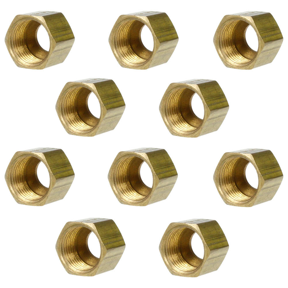 10 Pack 5/16" Compression Nut Hex Shape 1/2"-24 Thread Size Solid Brass Fitting