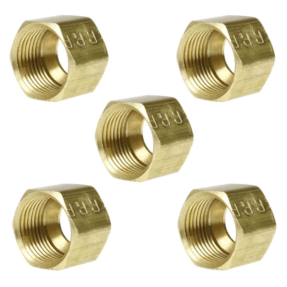 5 Pack 3/8" Compression Nut Hex Shape 9/16"-24 Thread Size Solid Brass Fitting