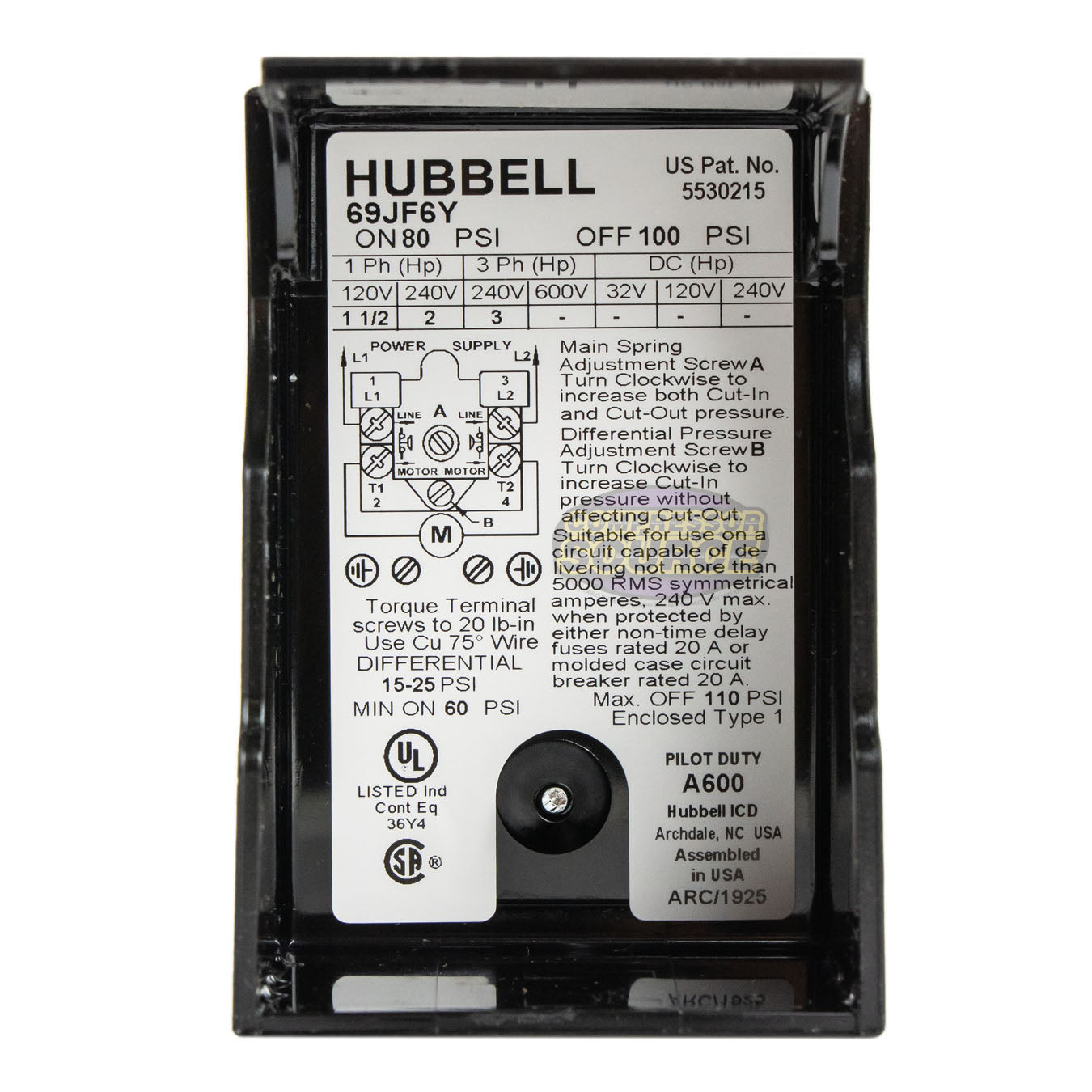Hubbell 69JF6Y Furnas Air Compressor Pressure Switch Control Valve 80-100 PSI
