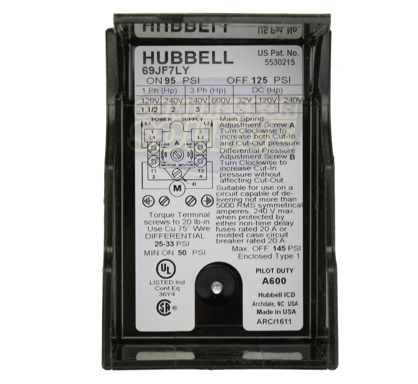 Hubbell 69JF7LY 95-125 PSI Single Port Air Compressor Pressure Switch