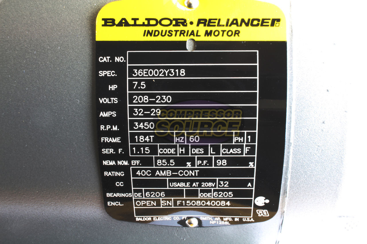 Baldor 7.5 HP Single Phase Electric Compressor Motor 184T Frame 230V 3450 RPM