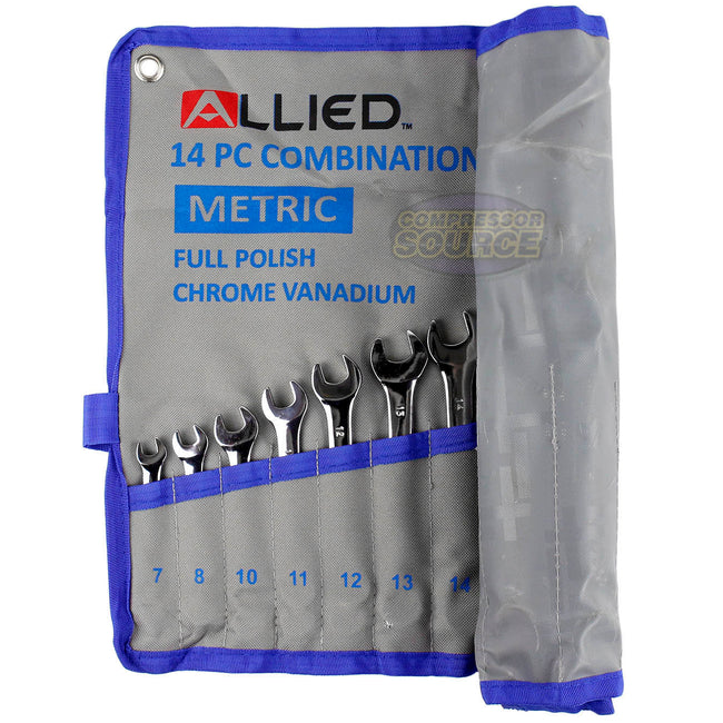 Allied Tools 14 Piece Combination Wrench Set 7-22mm with Roll up Storage Metric