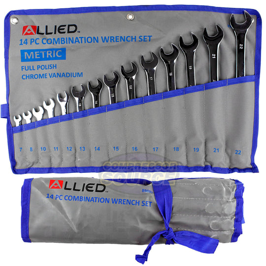 Allied Tools 14 Piece Combination Wrench Set 7-22mm with Roll up Storage Metric