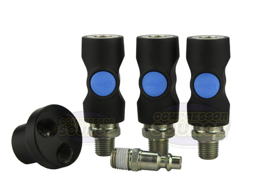 Prevost 3 Way Air Hose Splitter Coupler Manifold Block Kit 1/4" NPT w/ Couplers