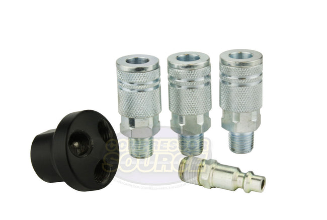 3 Way Air Hose Coupler Splitter Manifold Block Kit 1/4" NPT w/ Couplers & Plug