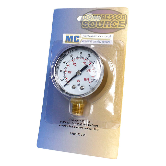 Midwest Control 2" Face Gauge Lower Mount 0-300 PSI 1/4" Brass NPT ABSP-L20-300