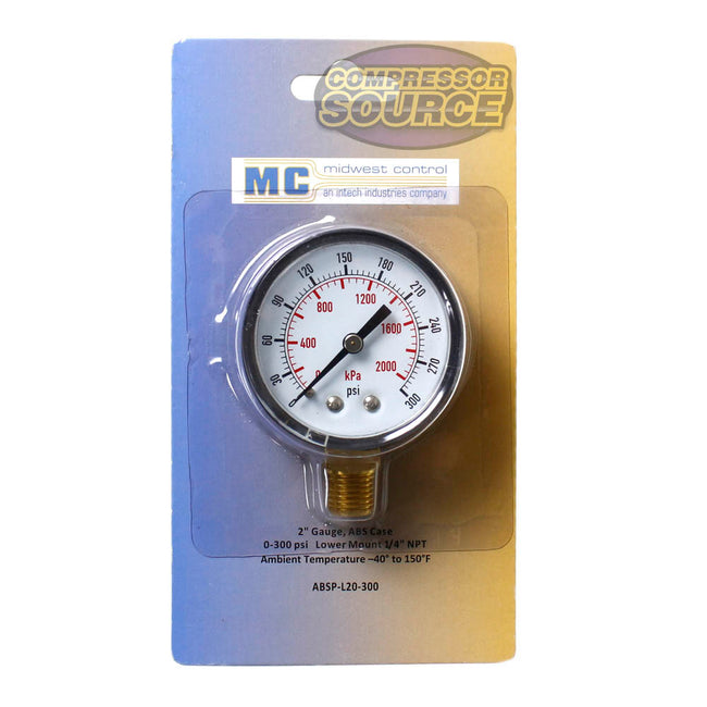 Midwest Control 2" Face Gauge Lower Mount 0-300 PSI 1/4" Brass NPT ABSP-L20-300