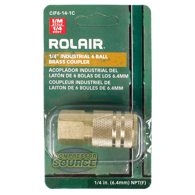 Rolair 1/4" Female Industrial Style 6 Ball Solid Brass Coupler Single CIF6-14-1C