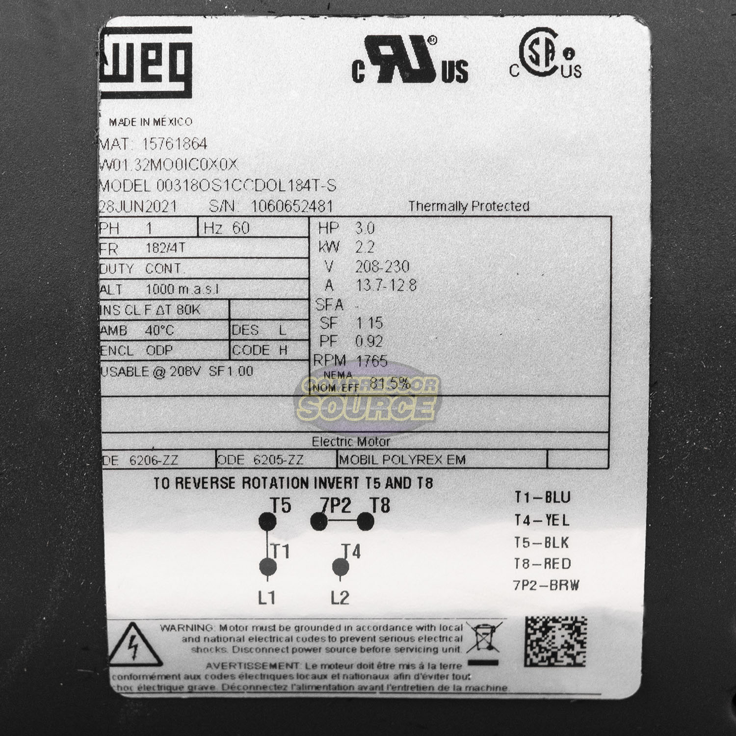 3 HP WEG Single-Phase Electric Motor 184T Frame