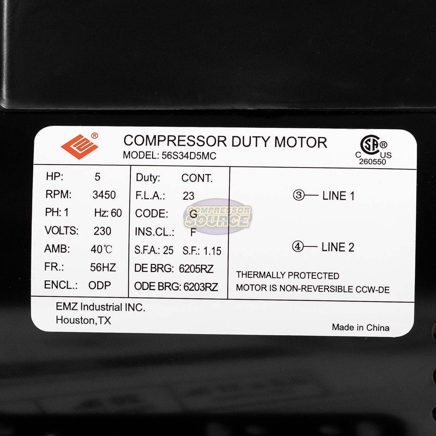 5 HP Compressor Duty Electric Motor 230V 1 Phase 56HZ Frame 7/8" Shaft 3450 RPM