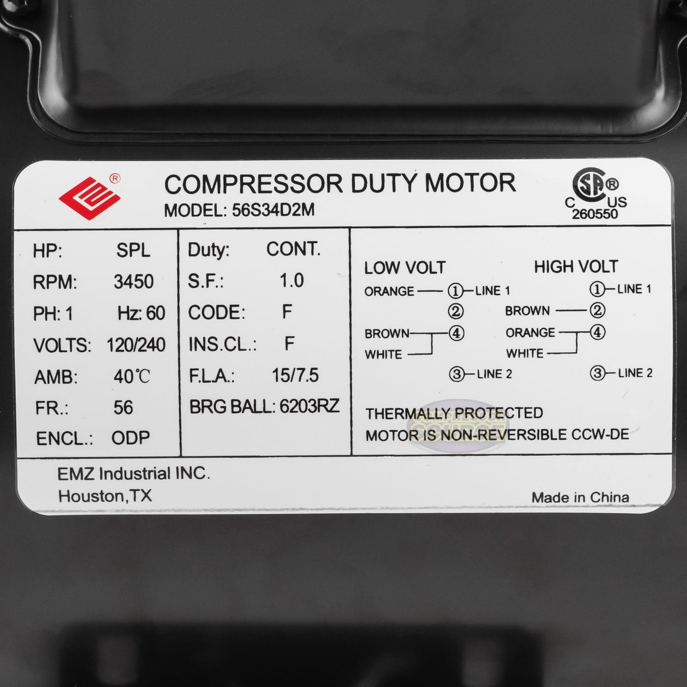 2 HP SPL Compressor Duty Electric Motor 3450 RPM 56 Frame 5/8" Shaft 120/240 V