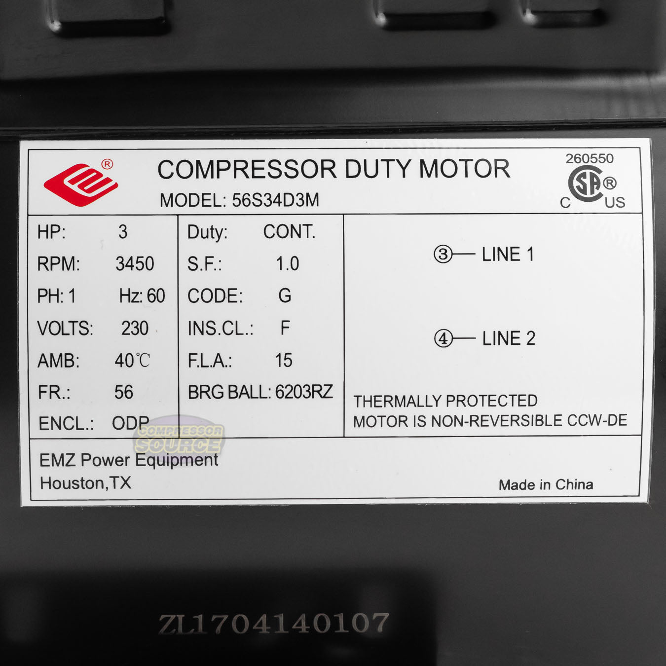 3 HP 3450 RPM Electric Motor Compressor Duty 56 Frame 1 Phase 5/8" Shaft 230 V
