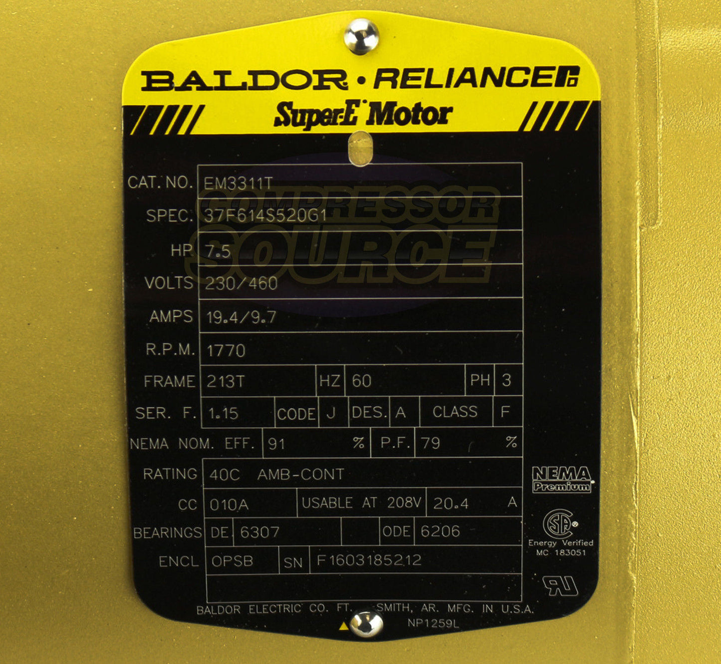 Baldor 7.5 HP 3 Phase Electric Compressor Motor 213T Frame 230V 1770 RPM