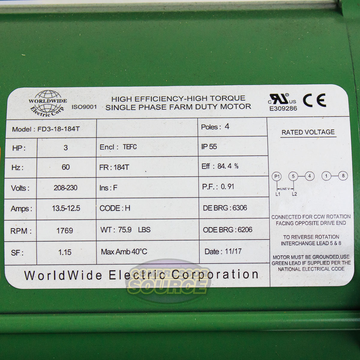 3 HP Farm Duty Single Phase Electric Motor 1800 RPM 184T Frame TEFC 208/230 Volt