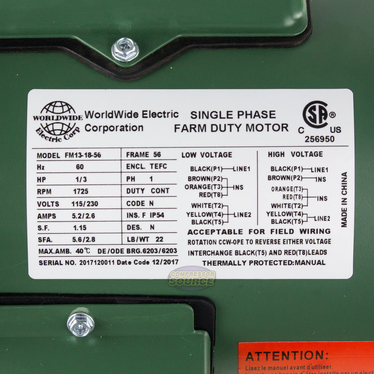 1/3 HP Single Phase Farm Duty Electric Motor 56 Frame 1800 RPM TEFC Enclosure