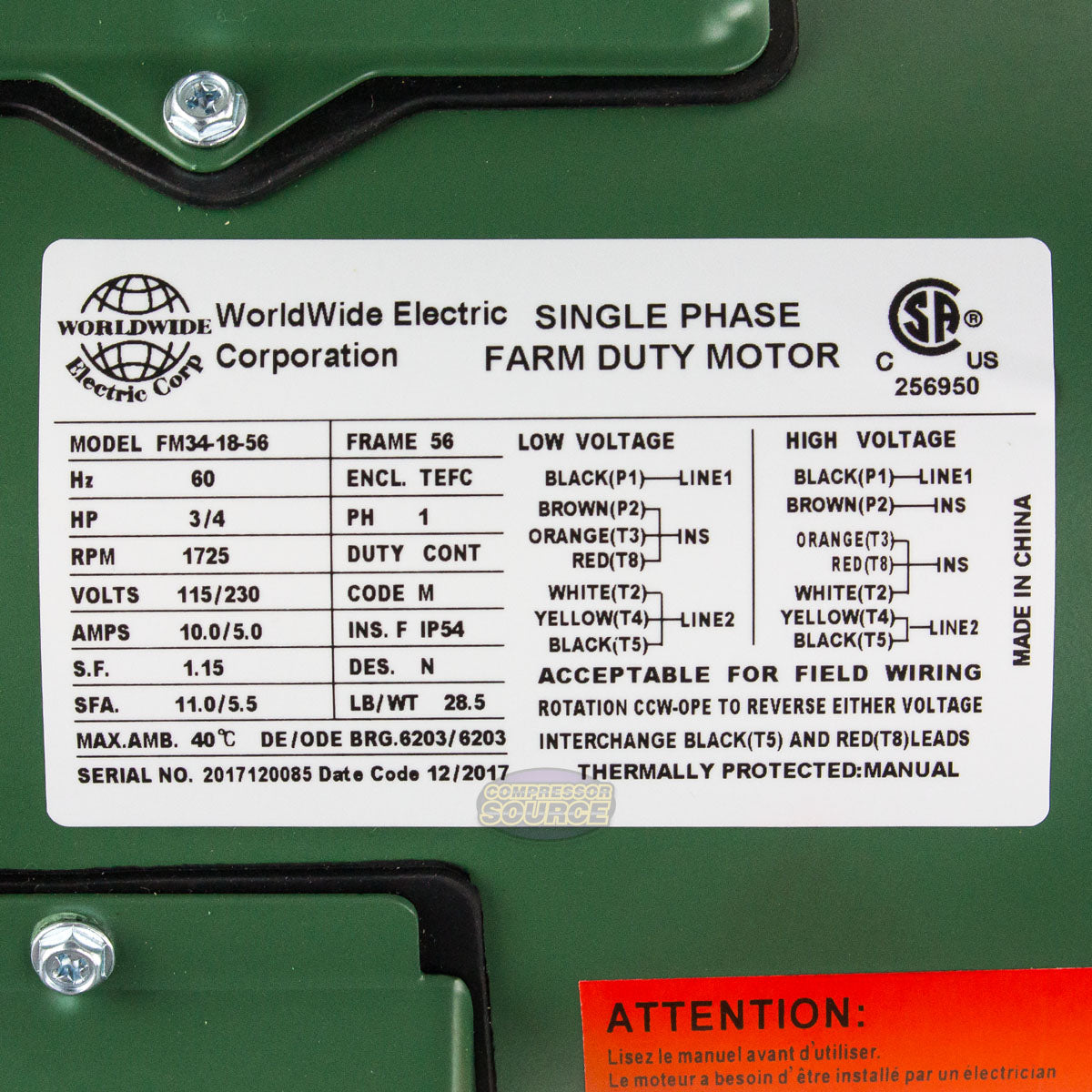 3/4 HP Single Phase Farm Duty Electric Motor 56 Frame 1800 RPM TEFC Enclosure