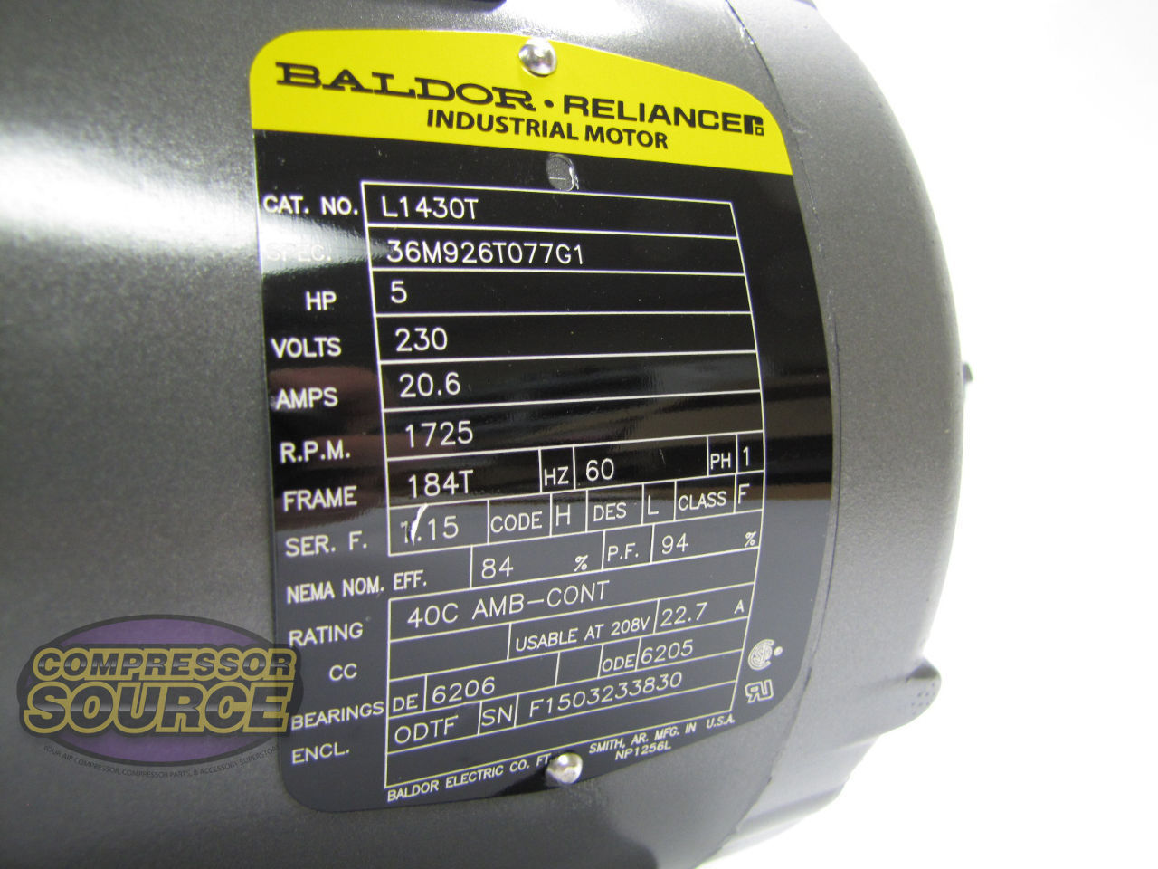 Baldor 5 HP Single Phase Electric Compressor Motor 184T Frame 230V 1725 RPM