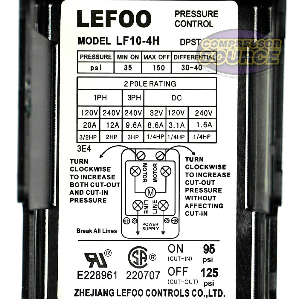 Lefoo 95-125 PSI Air Compressor Pressure Switch 1/4" Female NPT 4 Port LF10-L4H