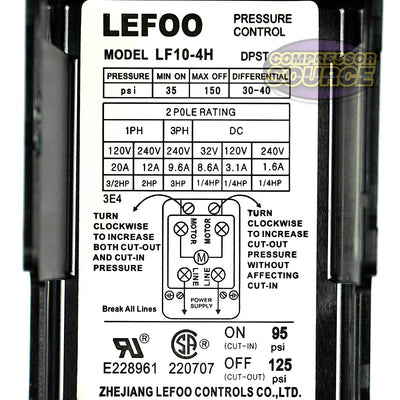 OJP LF10-4H Air Compressor Pressure Switch 95-125 PSI – 4 Port 1/4 NPT, 20A, Built-in Unloader For Single/Two-Stage Compressors, Preset Automatic Start/Stop OJP LF10-4H Air Compressor Pressure Switch 95-125 PSI – 4 Port 1/4 NPT, 20A, Built-in Unloader For Single/Two-Stage Compressors, Preset Automatic Start/Stop
