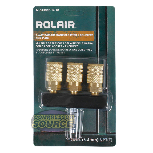 Rolair 1/4" NPT 3-Way Bar Air Manifold with 3 Couplers and Plug M-BAR3CP-14-1C