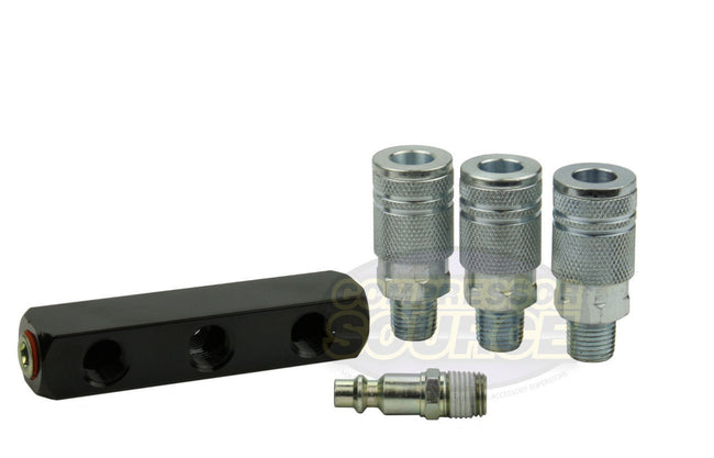 3 Way Air Hose Splitter Manifold w/ Steel 6 Ball Bearing Couplers Kit 1/4" NPT