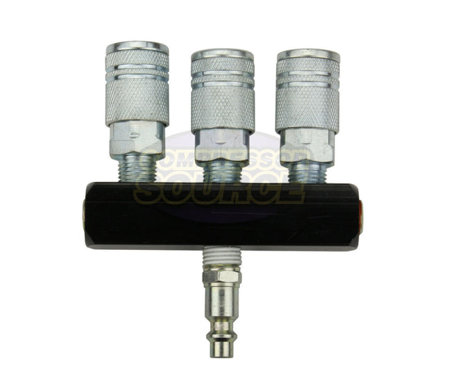 3 Way Air Hose Splitter Manifold w/ Steel 6 Ball Bearing Couplers Kit 1/4" NPT