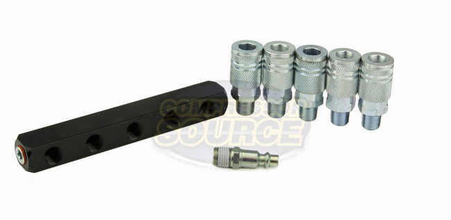 5 Way Air Hose Splitter Manifold w/ Steel 6 Ball Bearing Couplers Kit 1/4" NPT