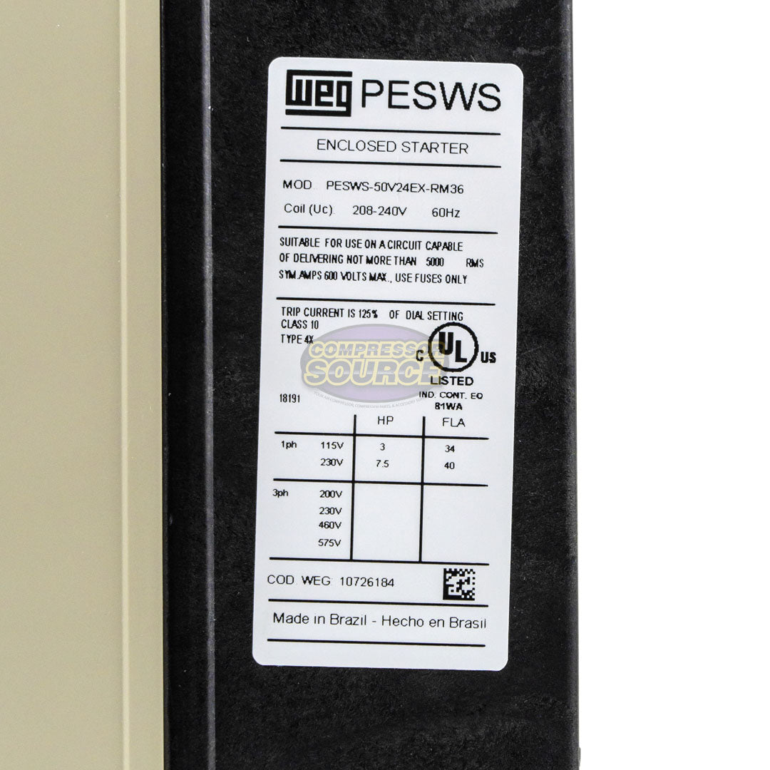 WEG 7.5 HP Single Phase Magnetic Starter Electric Motor Control NEMA 4X 208-240V