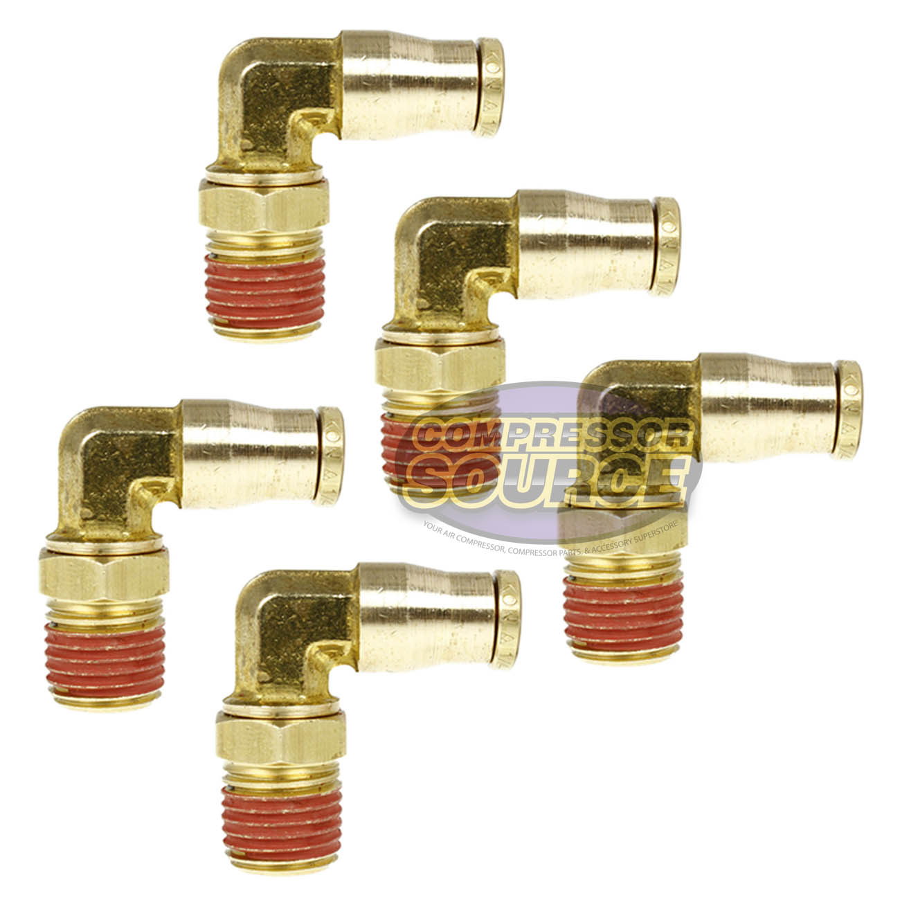 5 Pack 1/4" x 1/4" Push-In x Male NPTF Swivel Elbow Brass Quick Connect Fitting