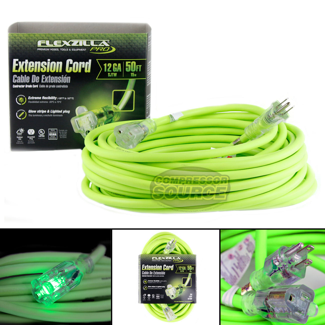 50 ft Flexzilla Pro Electric Extension Power Cord Cable Indoor Outdoor 12 Gauge