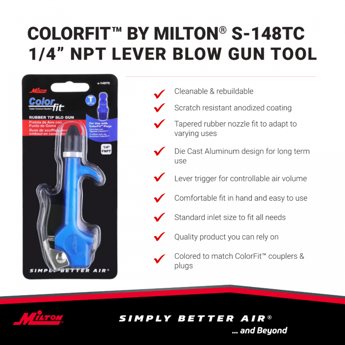 Milton S-148TC Blowgun Lever Hook Style 1/4" NPT T Style Compatible Rubber Tip