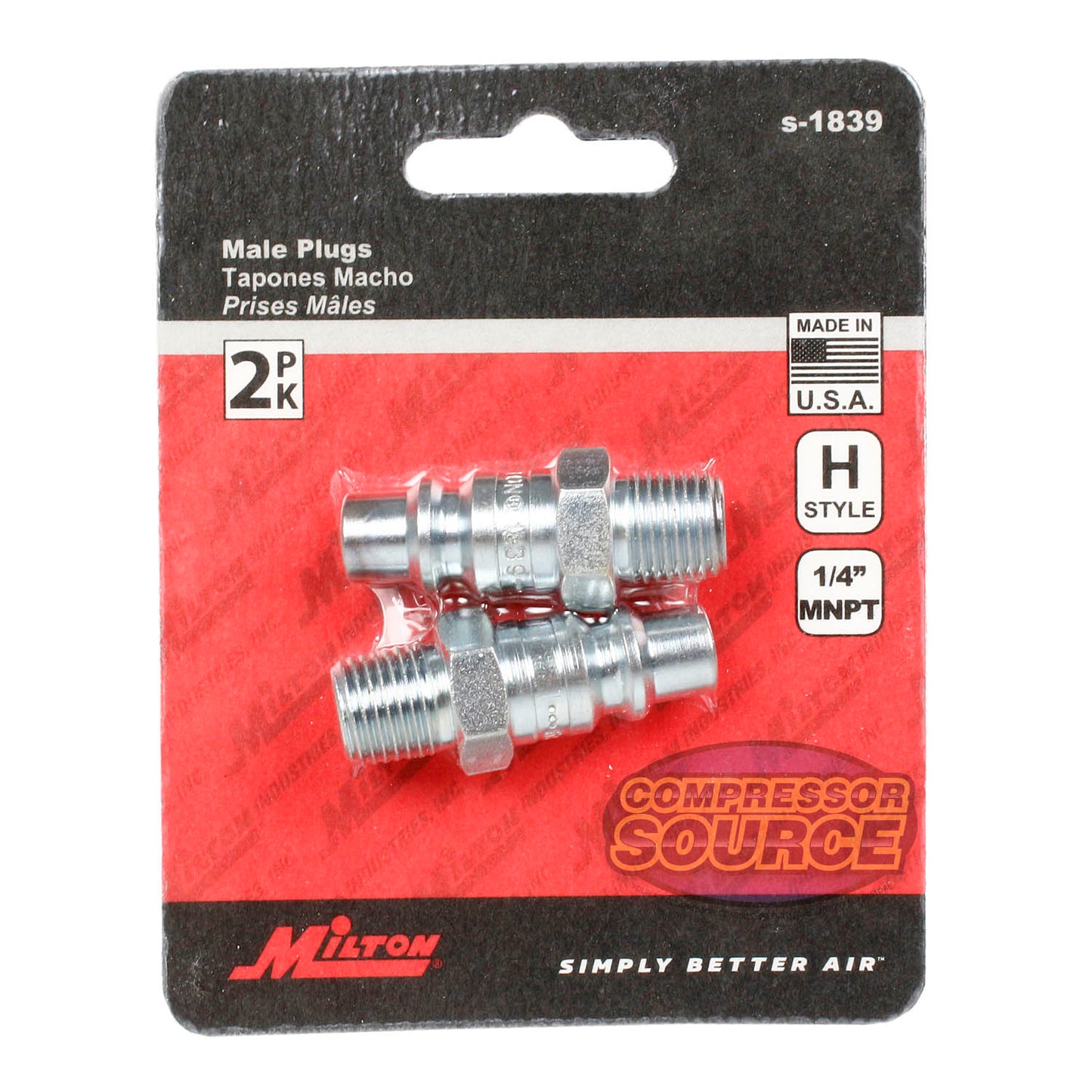 Milton H Style Plugs 1/4" Male NPT Steel  Quick Release Plugs S-1839 2 Pack