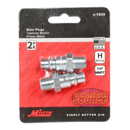 Milton H Style Plugs 1/4" Male NPT Steel  Quick Release Plugs S-1839 2 Pack