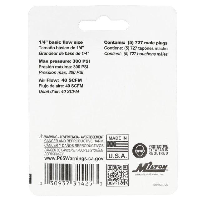 Milton M Style Plugs 1/4" Male NPT Steel Quick Release Plugs S-727-5 Five Pack