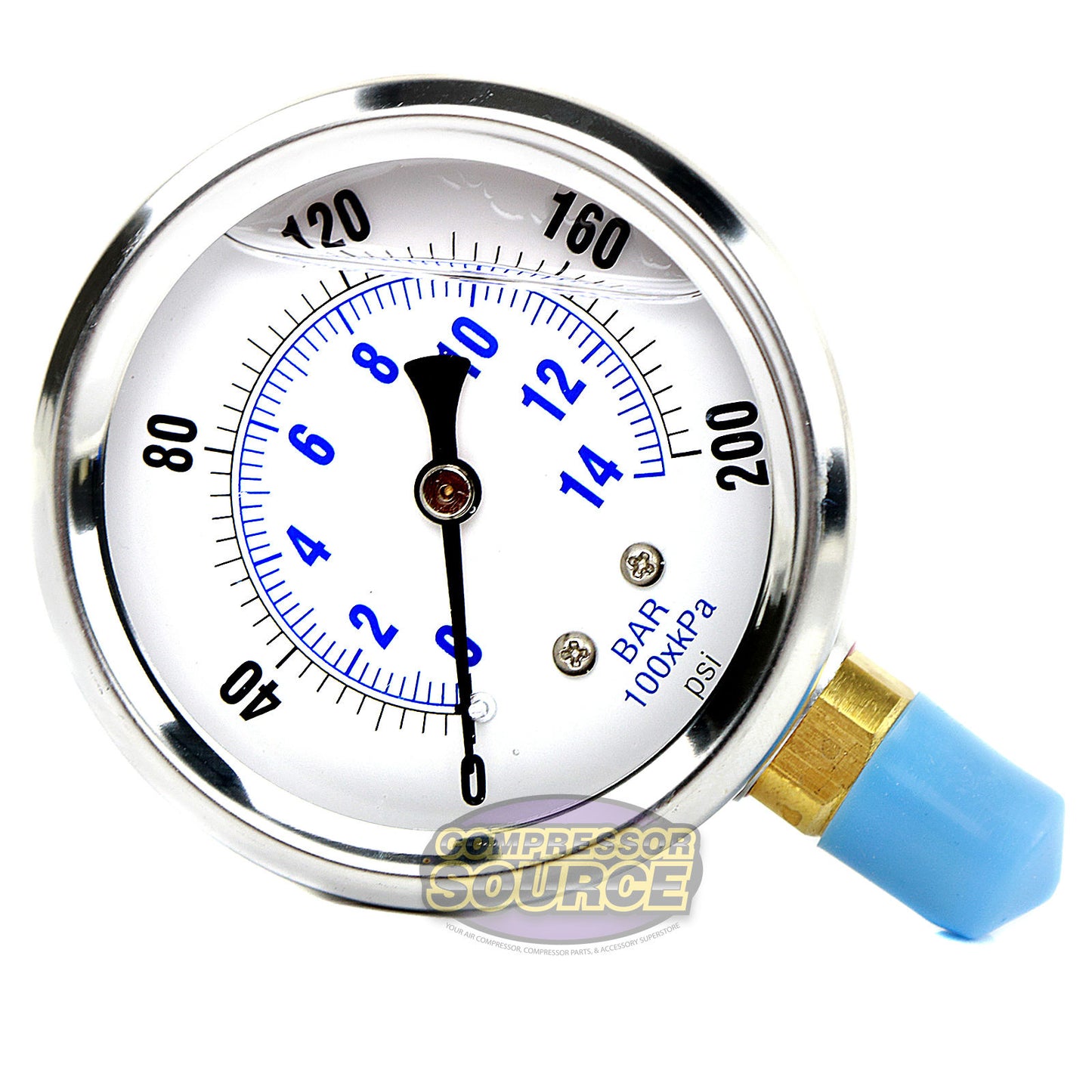 Liquid Filled 0-200 PSI Lower Side Mount Air Pressure Gauge With 2.5" Face