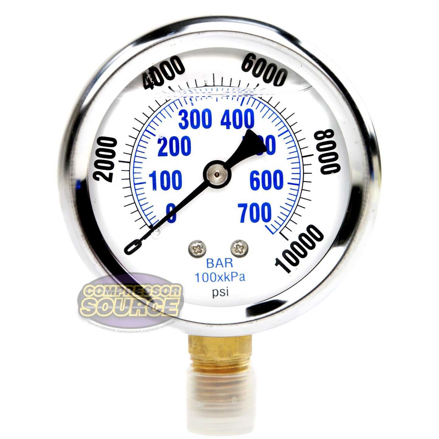Liquid Filled 0-10,000 PSI Lower Side Mount Air Pressure Gauge With 2.5" Face