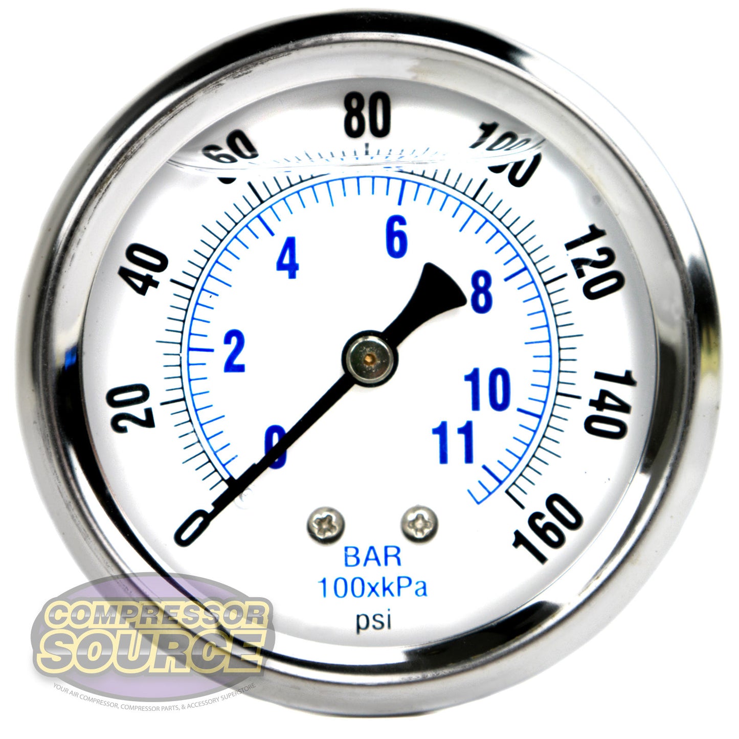 Liquid Filled 0-160 PSI Center Back Mount Air Pressure Gauge With 2.5" Face