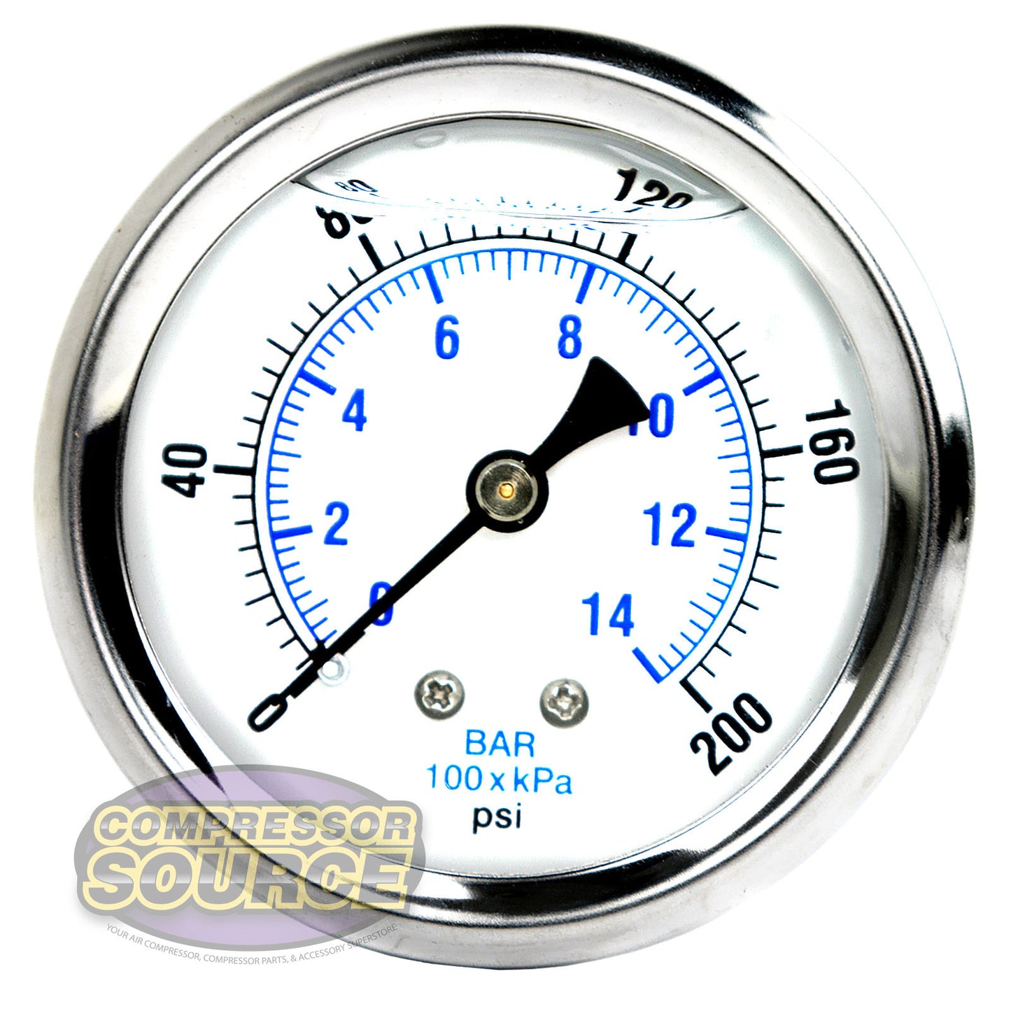 Liquid Filled 0-200 PSI Center Back Mount Air Pressure Gauge With 2.5" Face