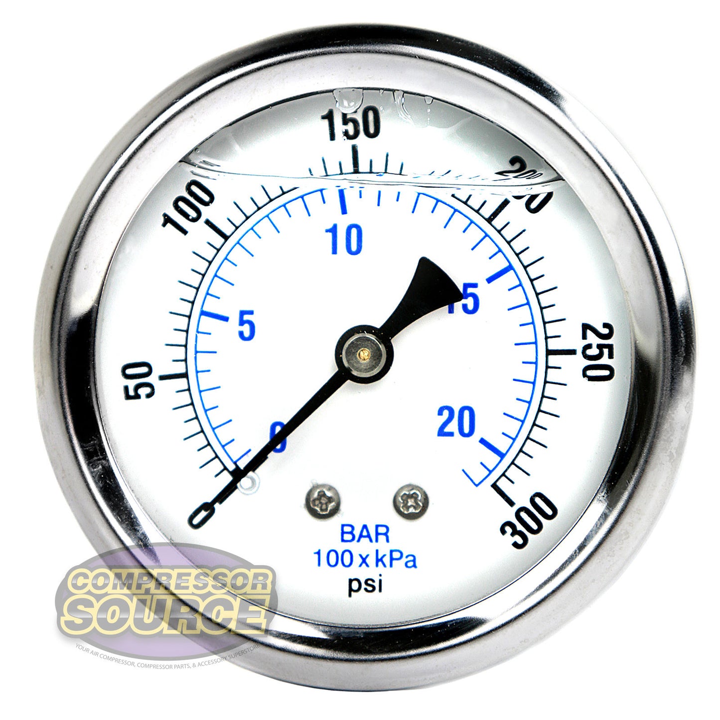 Liquid Filled 0-300 PSI Center Back Mount Air Pressure Gauge With 2.5" Face