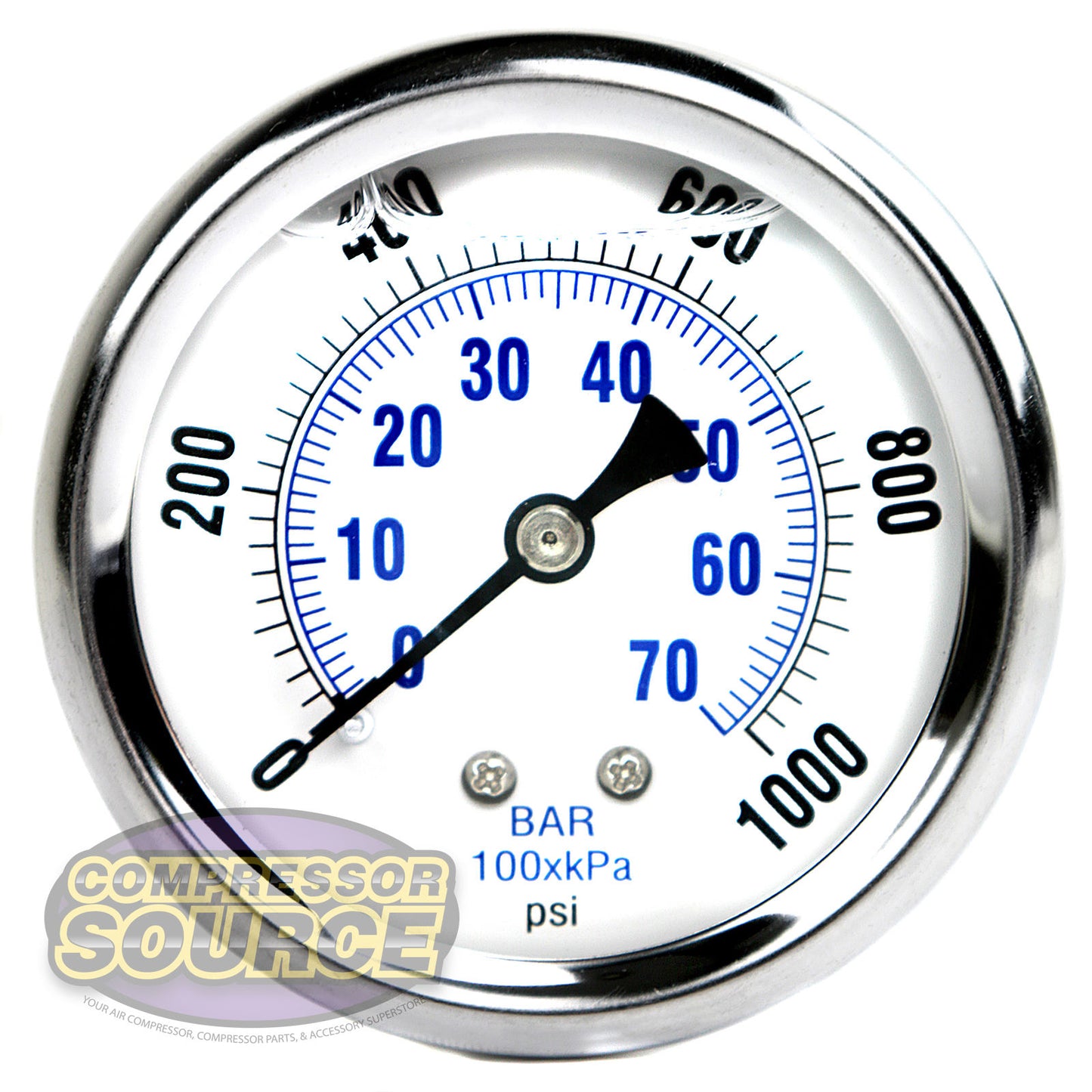 Liquid Filled 0-1,000 PSI Center Back Mount Air Pressure Gauge With 2.5" Face